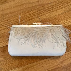 Bridal white/cream ostrich feather suede clutch with crossbody extension